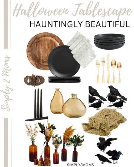 Decorate a hauntingly beautiful table for Halloween. Use a combination of amber bottles, black candles and crows to create a spooky tablescape. The brown and black color scheme allows you to style an elegant but creepy design perfect for any gathering. #Halloween #tablescape #falloween 

#LTKHalloween #LTKhome #LTKSeasonal