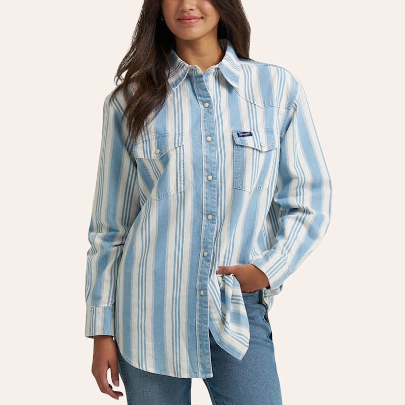 Wrangler Retro Women's Blue Stripe Print Long Sleeve Pearl Snap Western Shirt | Cavender's