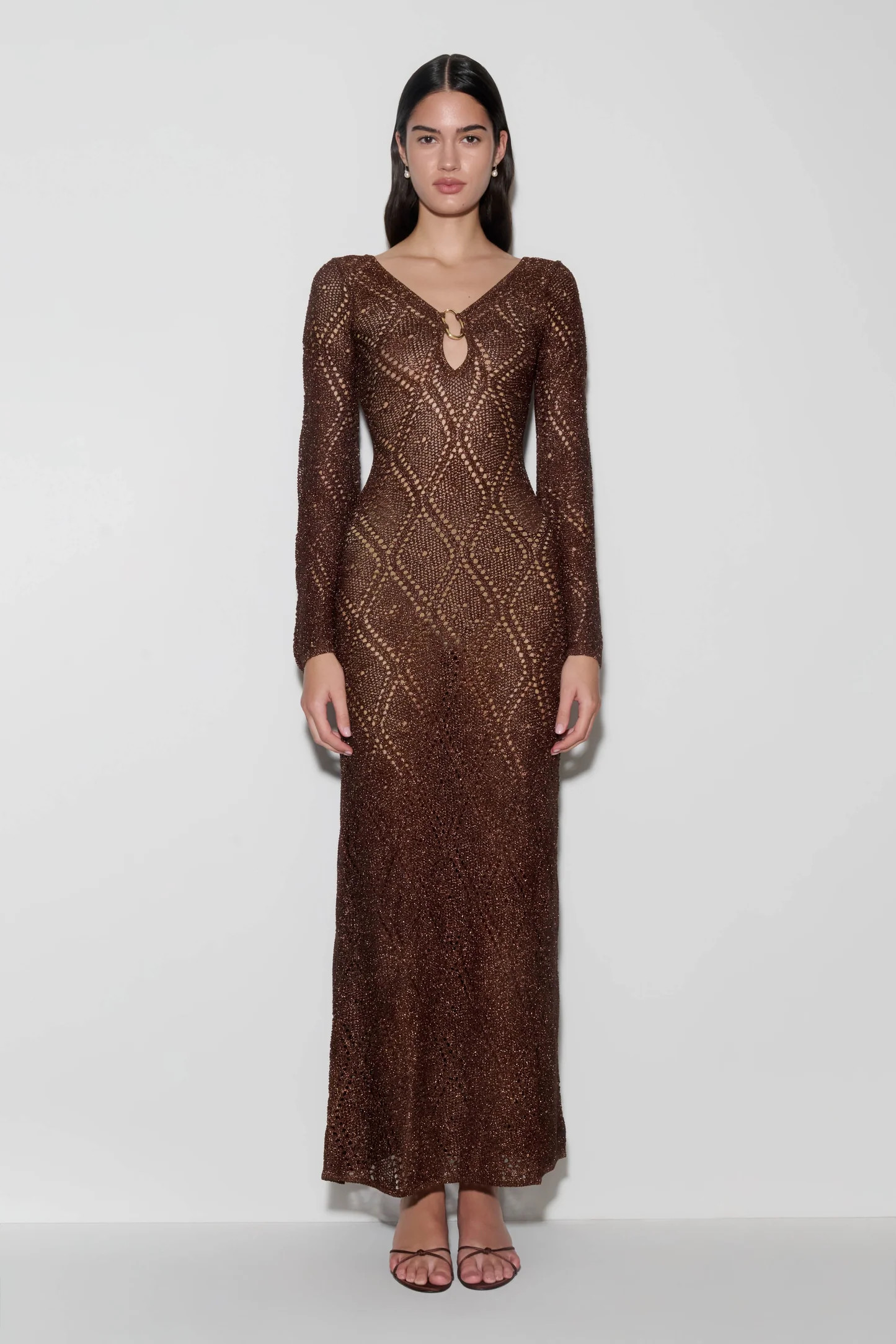 Chelsea Lurex Crochet Maxi Dress - Bronze | MESHKI US
