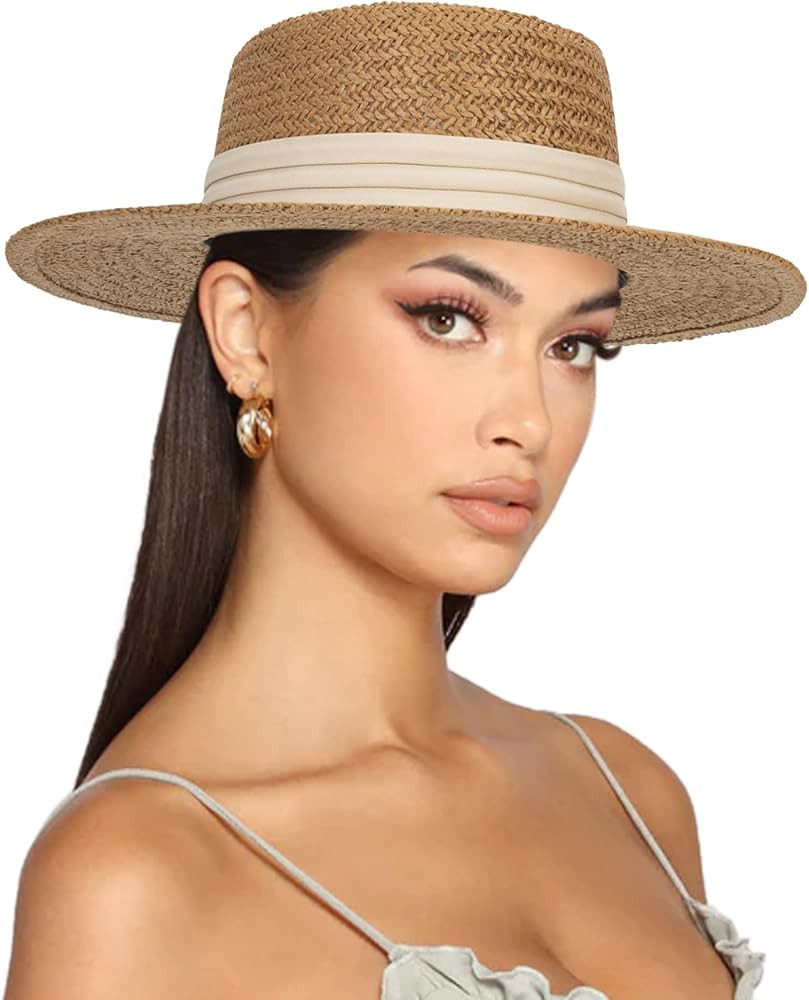 Straw Boater Summer Sun Hat - Wide Brim Fedora Panama Summer Beach Hat for Men Women(Size:Large) | Amazon (US)