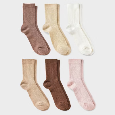 Women's Shimmer and Solid Fine Ribbed 6pk Crew Socks - A New Day™ 4-10 | Target