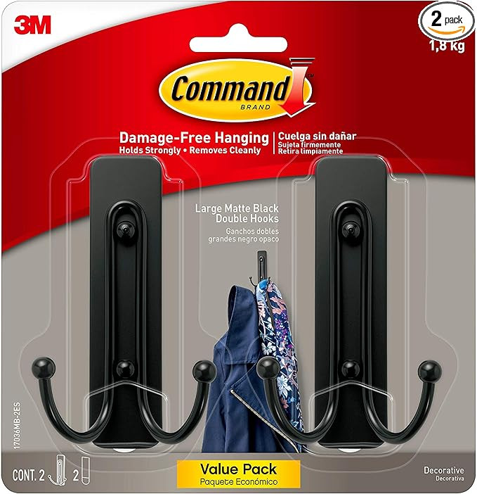 Command Large Wall Hooks, Damage Free Hanging Wall Hooks with Adhesive Strips, No Tools Double Wa... | Amazon (US)