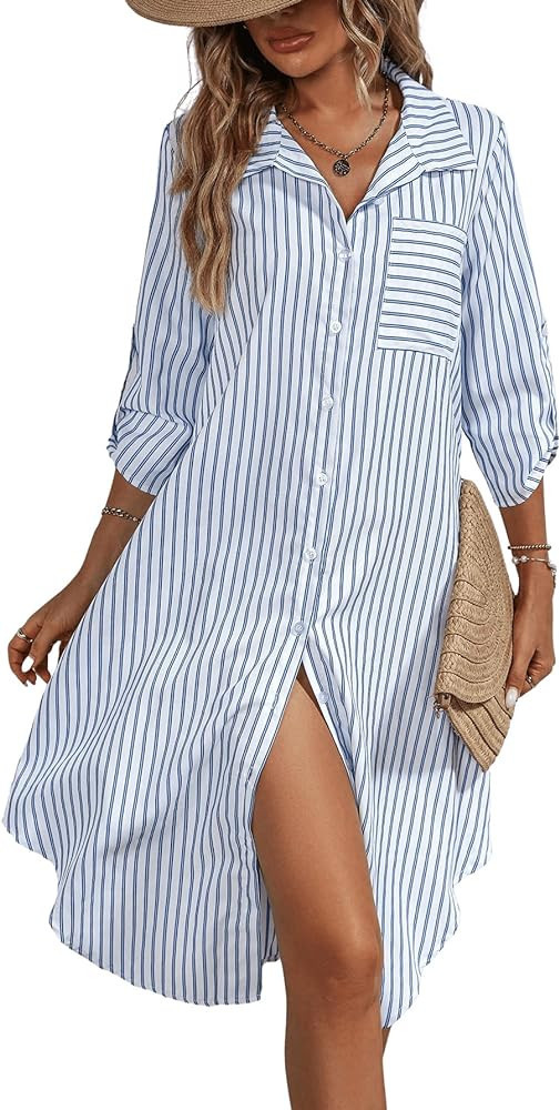 MakeMeChic Women's Striped Print Button Front Half Sleeve Collar Midi Shirt Dress | Amazon (US)