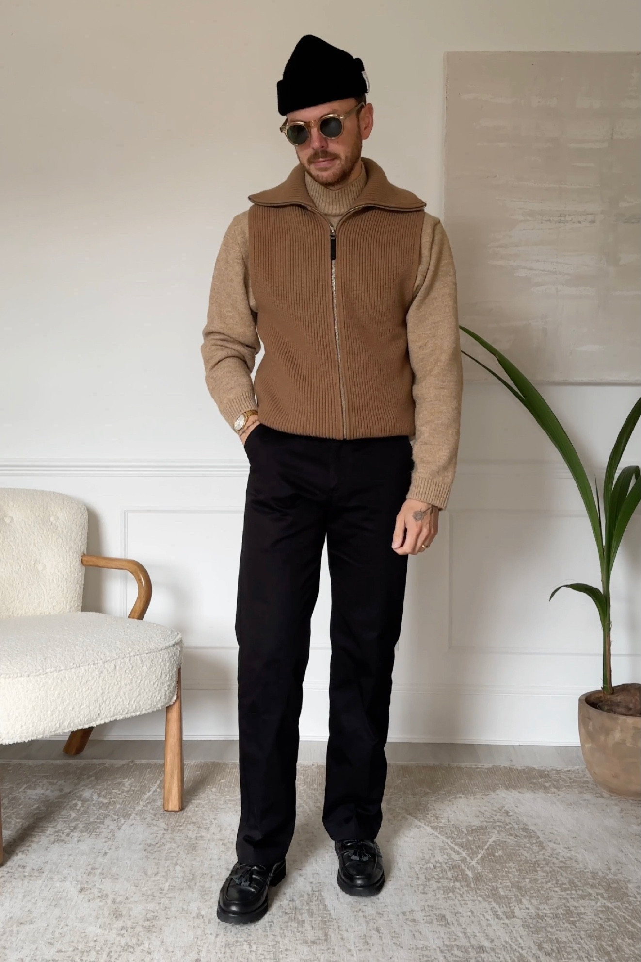 Seasonal outfit autumn winter menswear style knitwear beanie gilet oversized collar smart casual look stylist

#LTKSeasonal #LTKmens #LTKstyletip