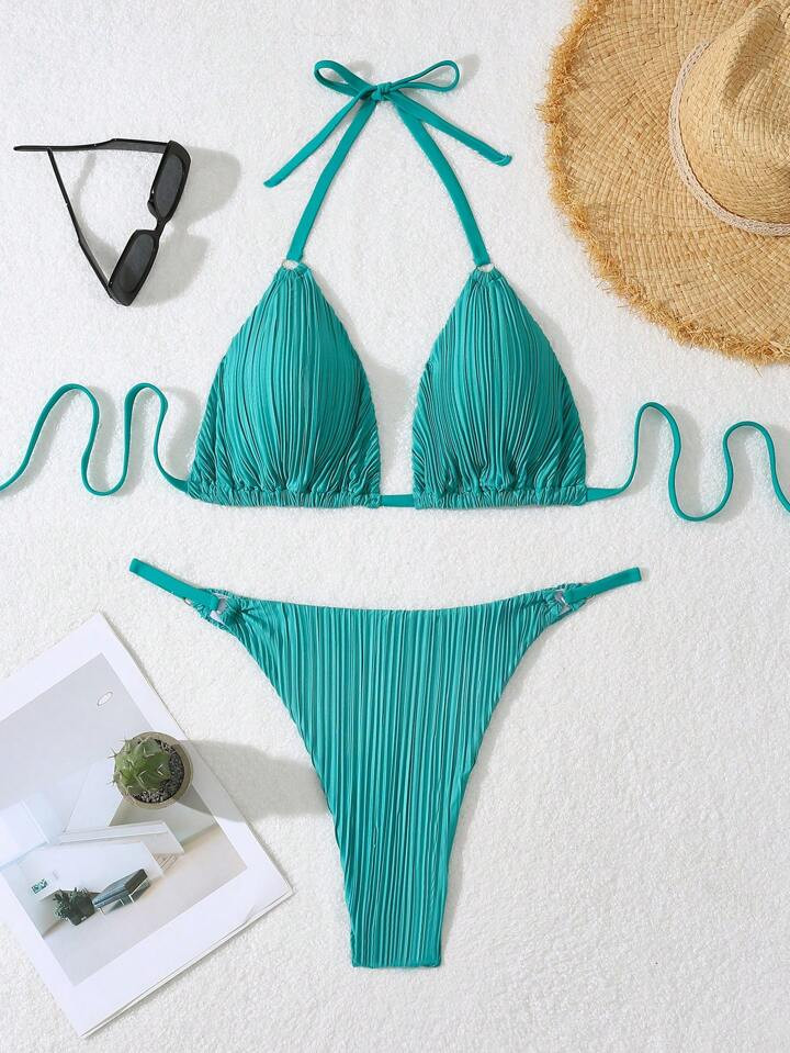 SHEIN X Lele Pons SHEIN Swim Curve Plus Size Summer Beach Solid Color Textured Bikini Set | SHEIN