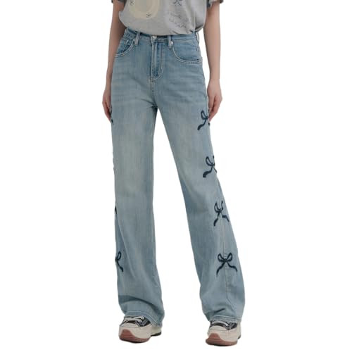 MIFJNF Women's Y2k Jeans Washed Denim Pants Retro Bow Embroidery High Street High Waist Baggy Jeans Casual Wide Leg Jeans (Blue,XL,X-Large) | Amazon (US)
