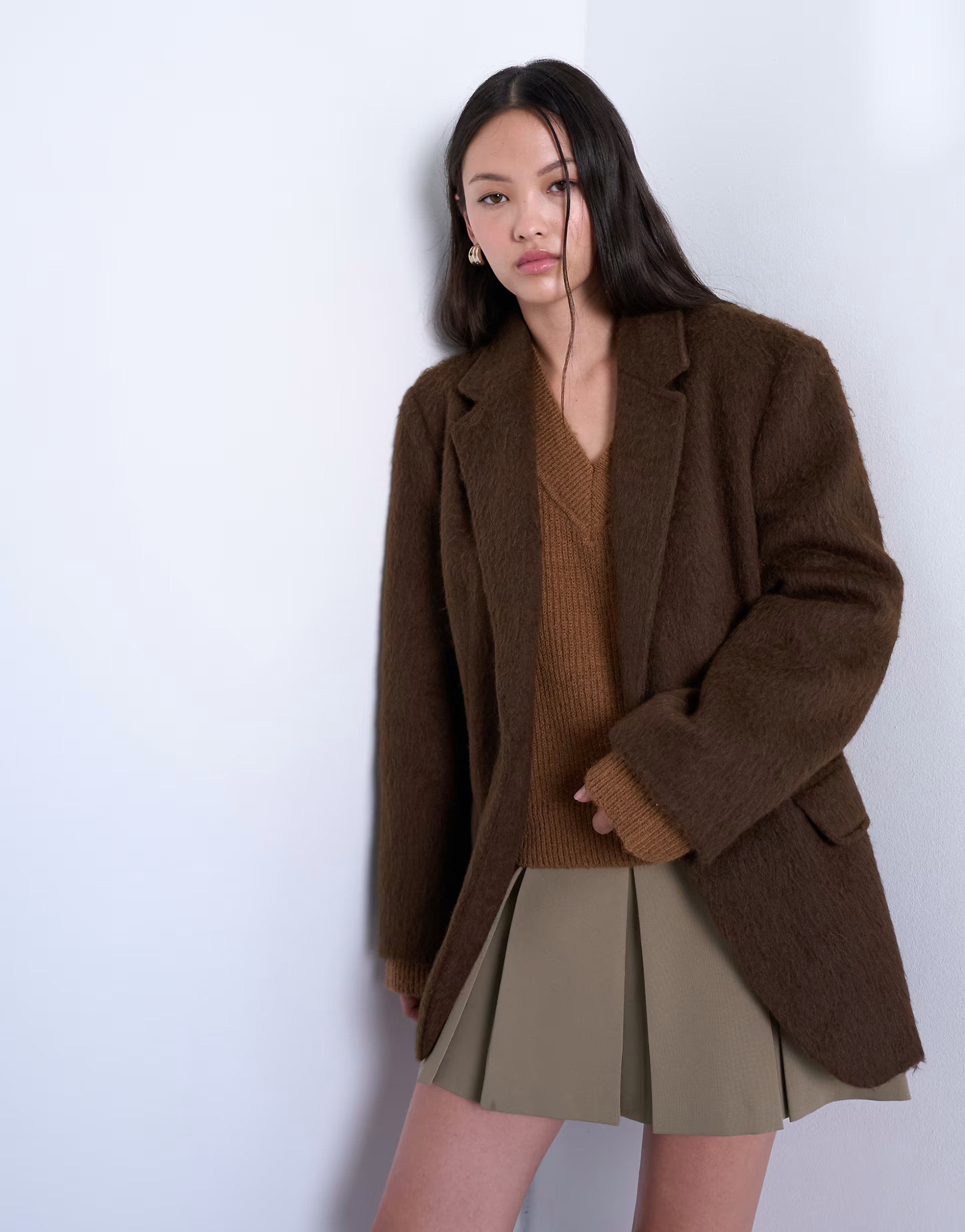 Topshop long brushed one button blazer coat with wool in chocolate | ASOS | ASOS (Global)