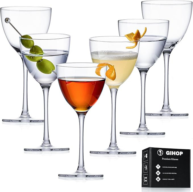 Nick and Nora Cocktail Glasses, 5.8Oz Hand Blown Martini Glasses Set of 6, 100% Lead-Free Craysta... | Amazon (US)