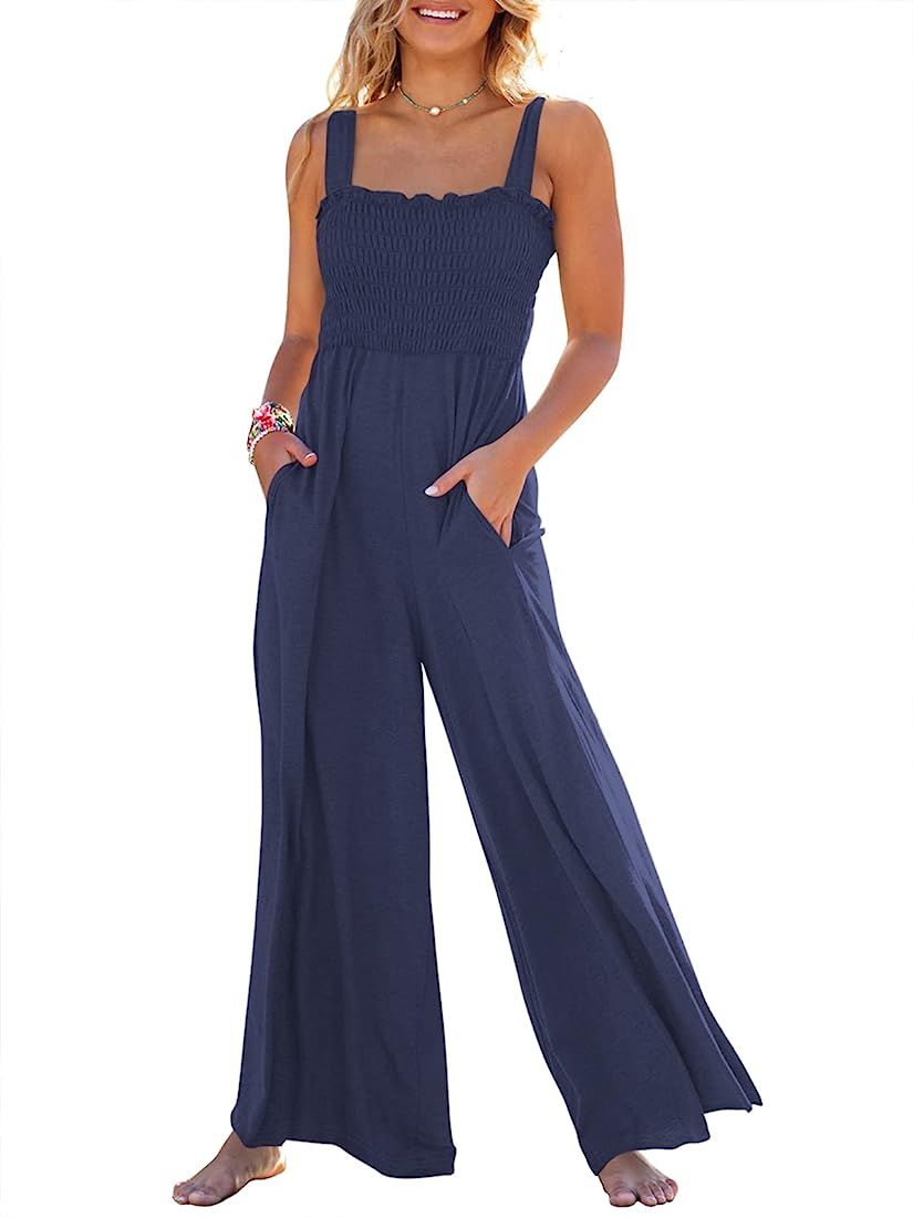 ANRABESS Women's Casual Loose Sleeveless Tank Jumpsuits Square Collar Smocked Wide Leg Jumpsuit R... | Amazon (US)