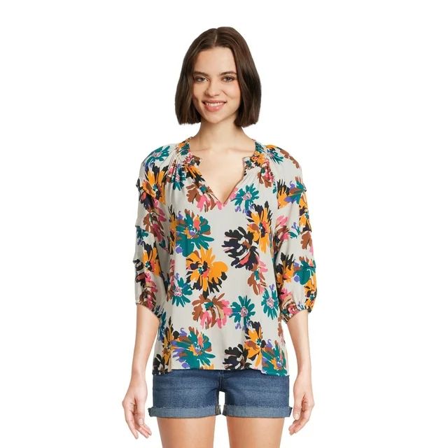 The Pioneer Woman Smocked Collar Peasant Blouse with 3/4-Length Sleeves, Women's, Sizes XS-3X | Walmart (US)