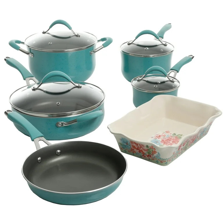 The Pioneer Woman Frontier Speckle Aluminum 10-Piece Cookware Set, Turquoise | Walmart (US)