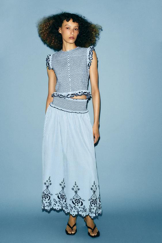 EMBROIDERED PLAID MIDI SKIRT | Zara US