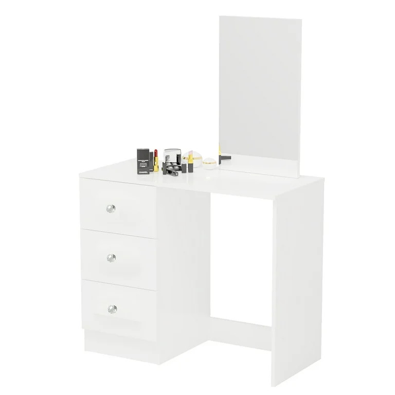 Boahaus Kira MINI Makeup Vanity Desk with 3 Drawers, Crystal Ball Knobs, Mirror, for Bedroom, Whi... | Walmart (US)