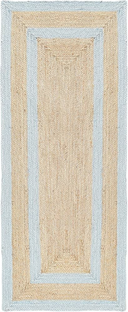 Double Border Jute Runner Rug, Pastel Blue, 2'6"x12' Boho Farmhouse Coastal D\u00e9cor for Kitche... | Amazon (US)