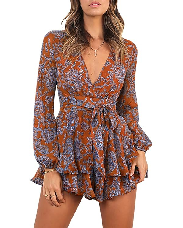 Bonkwa Women's Summer Deep V-Neck Floral Print Romper Long Baggy Sleeves Double Layer Ruffle Hem ... | Amazon (US)