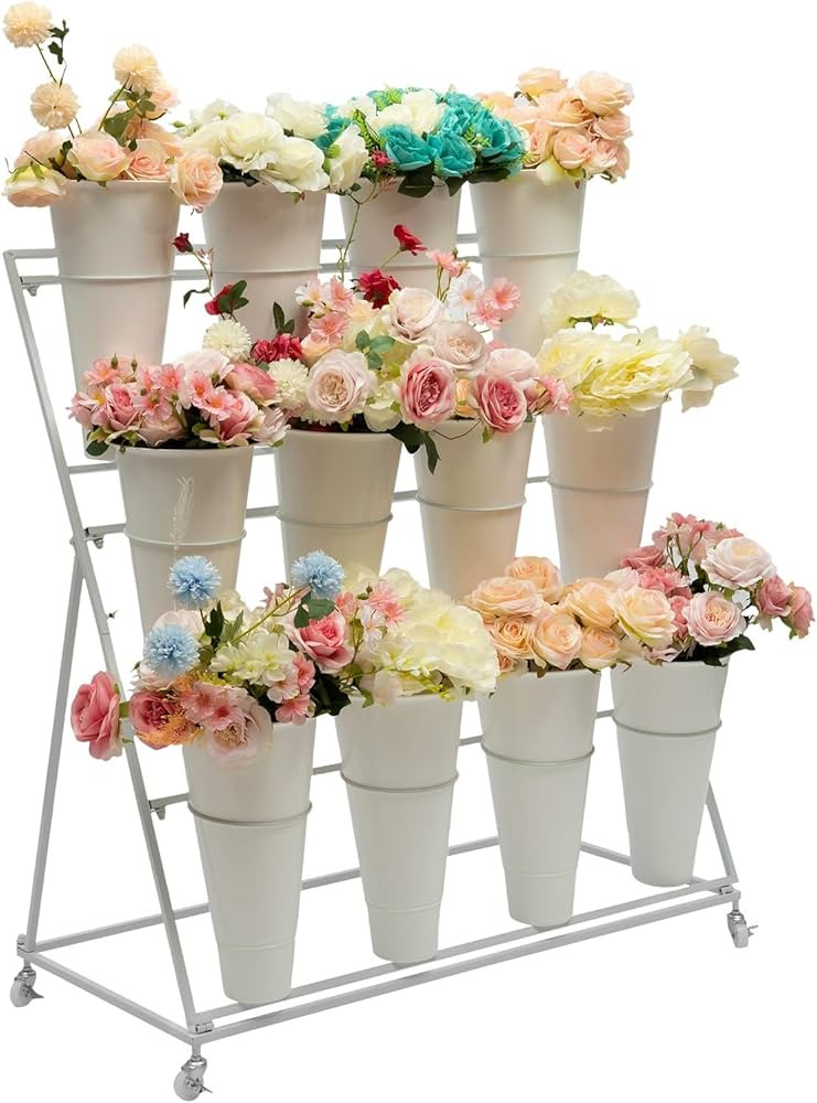 Flower Display Stand With Wheels,3 Layers Plant Cart with 12PCS Buckets,Heavy Duty Moving Flower Rack for Indoor, Outdoor Patio Garden, Living Room, Florist, Delivered in Two Packages | Amazon (US)
