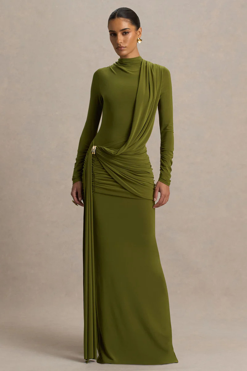 Melissa  Olive Long-Sleeve Wrap Maxi Dress With Draped Detailing | Club L London