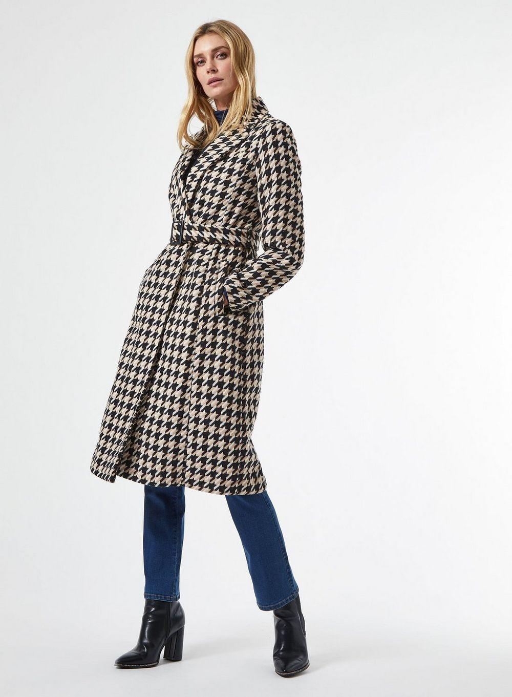 Monochrome Dogtooth Belted Wrap Coat | Dorothy Perkins (UK)