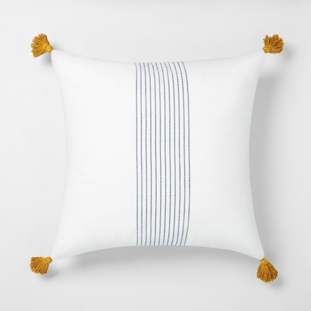 22"" x 22"" Center Stripes Tassel Throw Pillow Sour Cream / Blue - Hearth & Hand with Magnolia | Target