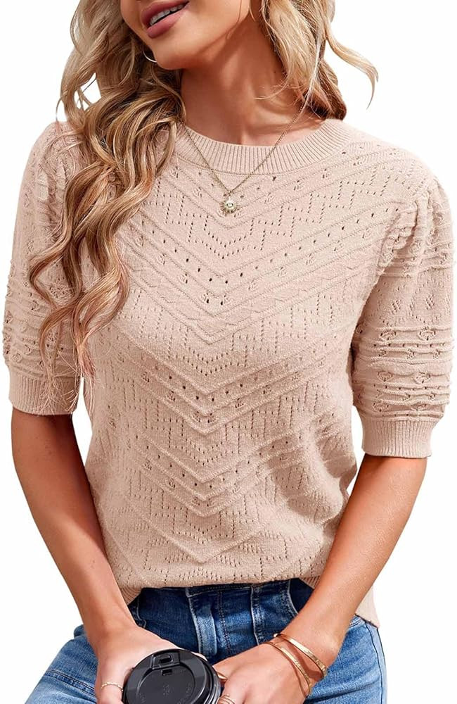 Summer Tops for Women Short Sleeves Pullover Sweaters Knit Blouse Cute Dot Sweater Shirt | Amazon (US)