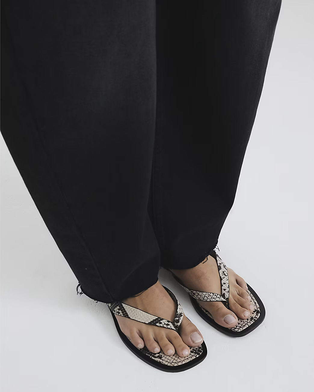 Beige Leather Snake Flip Flop Flat Sandals | River Island UK & IE