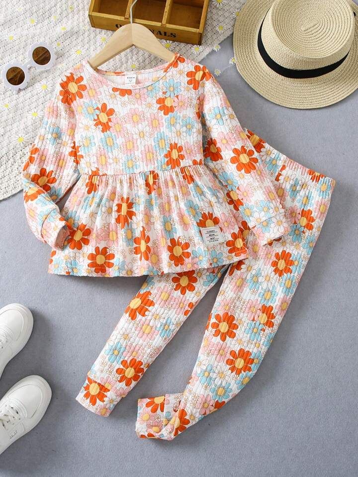 SHEIN Kids SUNSHNE Young Girl Sweet Floral Print Dress Hem Long Sleeve Suit For Autumn | SHEIN