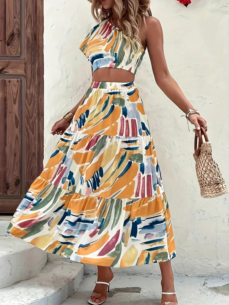 Allover Print Vacation Skirt Suit One Shoulder Short Sleeve - Temu | Temu Affiliate Program