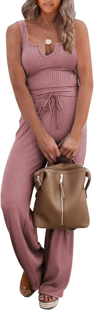 PRETTYGARDEN Women's Summer Casual Two Piece Outfits Sweatsuits Tank Scoop Neck Ribbed Knit Long ... | Amazon (US)