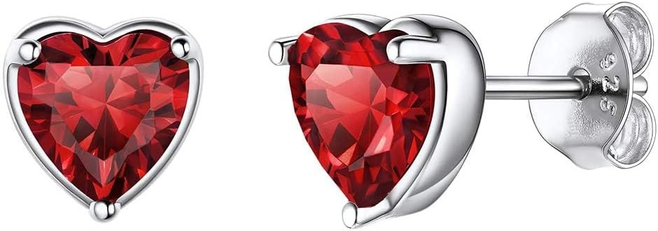 925 Sterling Silver Stud Earrings for Women, Heart/Round Birthstone Earrings Birthday Jewelry for... | Amazon (US)