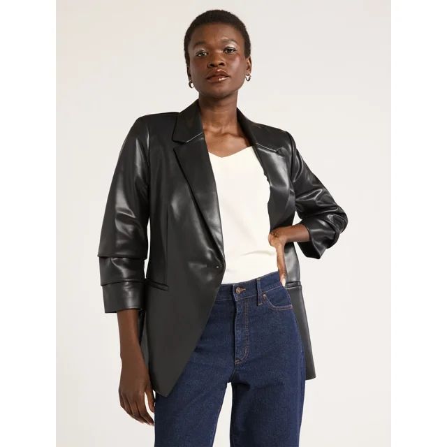 Scoop Women's Ultimate Faux Leather Scrunch Sleeve One Button Blazer, Sizes XS-XXL - Walmart.com | Walmart (US)