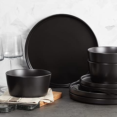 Matte Black Dinnerware Set - Ultra Chic Black Stoneware Dinnerware Sets for 8-24pcs. Matte Black ... | Amazon (US)