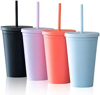 Tumblers with Lids (4 pack) 16oz Colored Acrylic Cups with Lids and Straws | Double Wall Matte Pl... | Amazon (US)