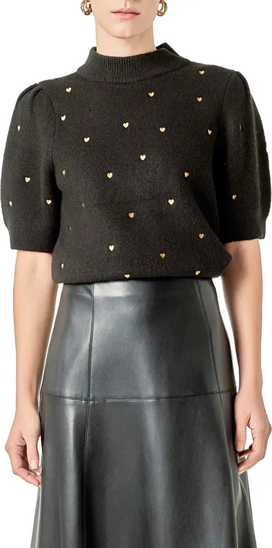 English Factory Heart Embroidered Puff Sleeve Sweater | Nordstrom | Nordstrom