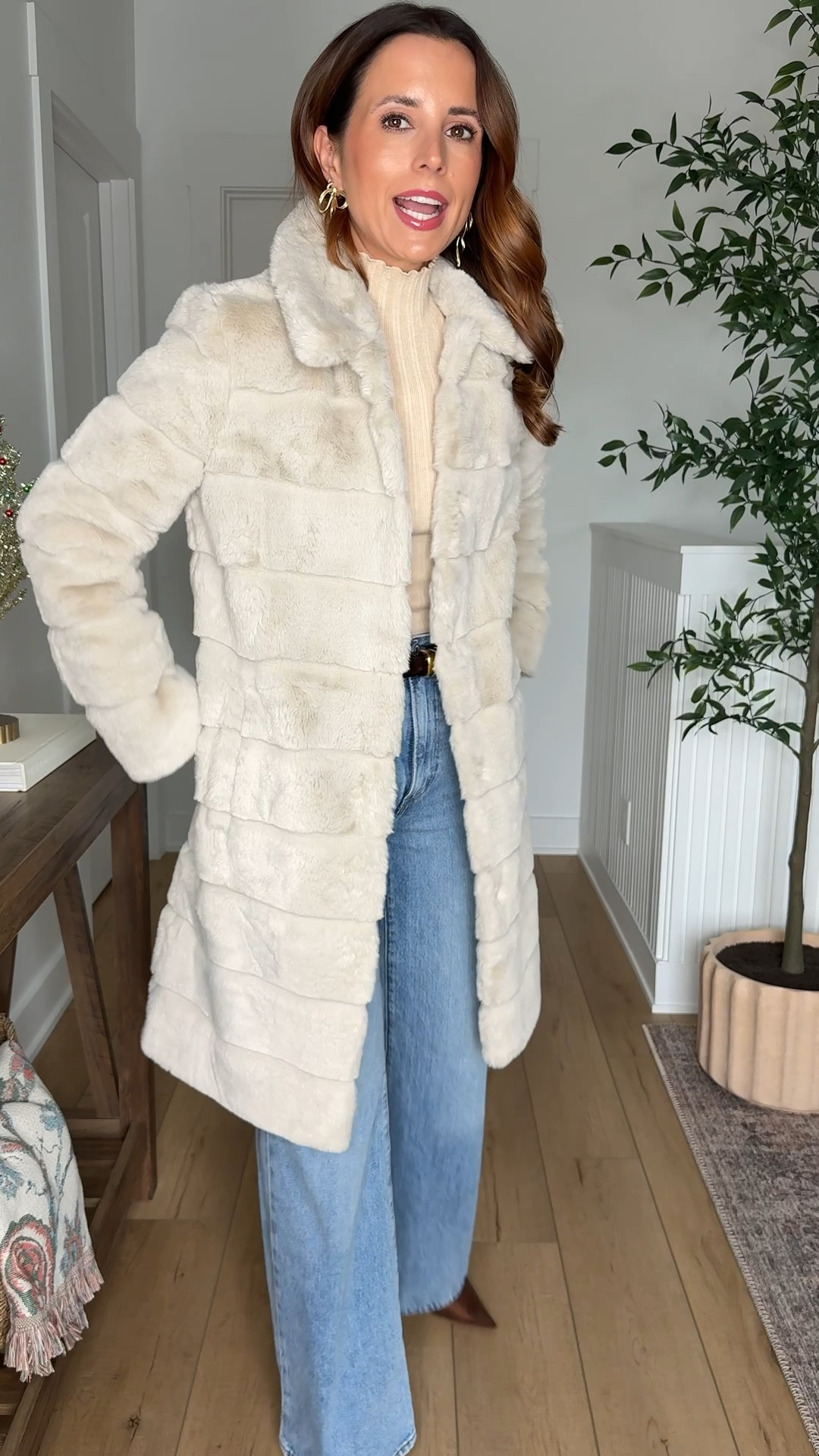 I absolutely love this faux fur coat in XS! Looks insanely expensive + it’s lined and has pockets and buttons all the way up! Levi wide leg rib cage jeans in sz 24, 32” inseam. Quince bodysuit in XS. Madewell belt in XXS. Steve Madden mesh heels - I went up half a size. Winter outfit. Winter style. Holiday party outfit. Christmas party outfit.

#LTKHoliday #LTKGiftGuide #LTKSeasonal