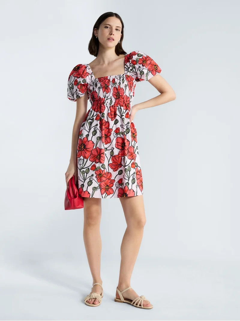 Free Assembly Women's and Women's Plus Smocked Cotton Peasant Mini Dress with Puff Sleeves, Sizes... | Walmart (US)