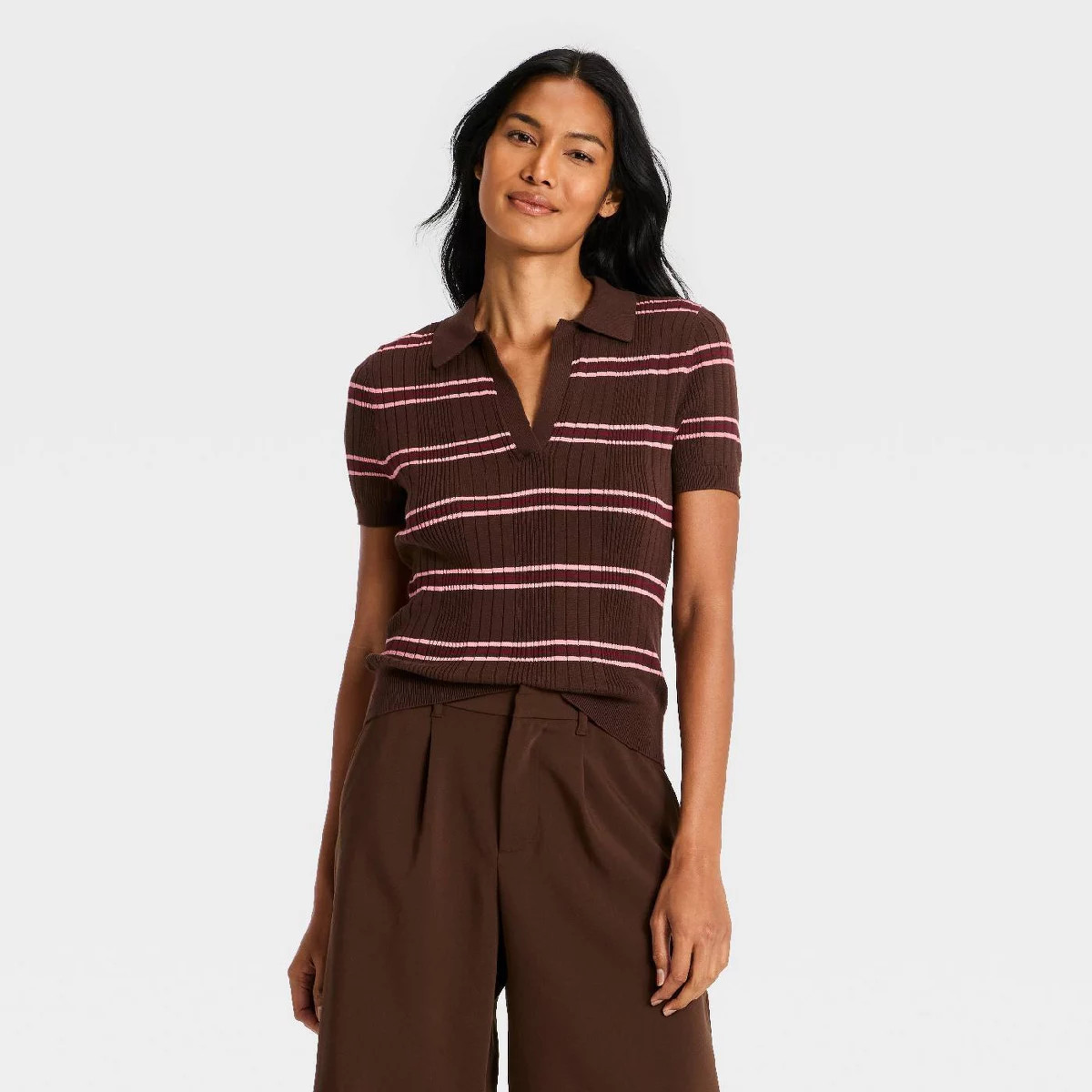 Women's Johnny Collar Pullover Sweater T-Shirt - A New Day\u2122 Brown Striped XS | Target