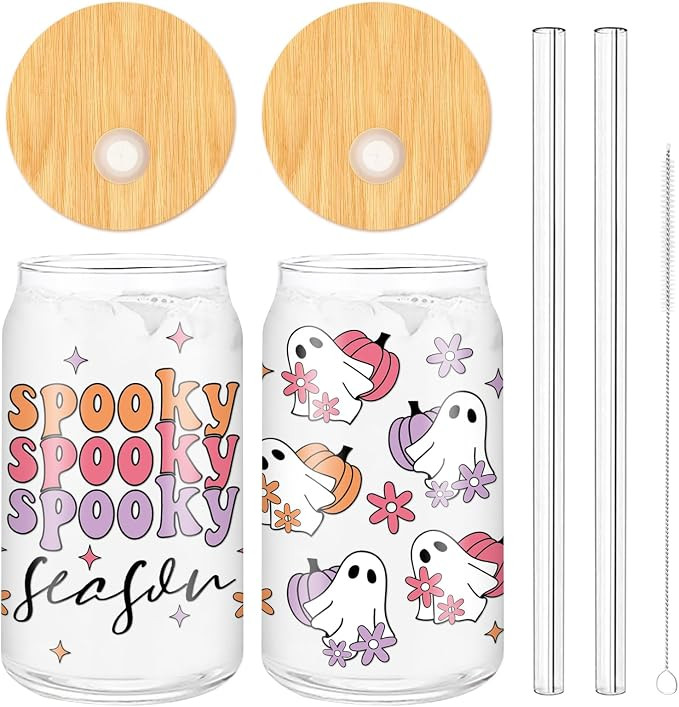 Whaline 2 Pack Groovy Halloween Drinking Glasses 16oz Spooky Ghost Pumpkin Flower Glass Cup Orang... | Amazon (US)
