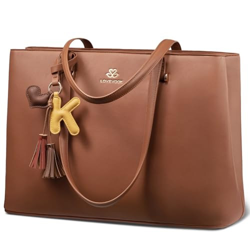 LOVEVOOK Tote Bag for Women with Zipper, Leather Laptop Work Tote for Women, Handbag Gift with Computer Compartment & Detachable Accessory, Purse for Travel, 15.6 Inch Brown | Amazon (US)