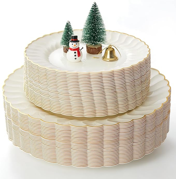 Lullaby 60PCS Ivory Scalloped Plastic Plates with Gold Rim, Disposable Elegant Plates Include 30p... | Amazon (US)