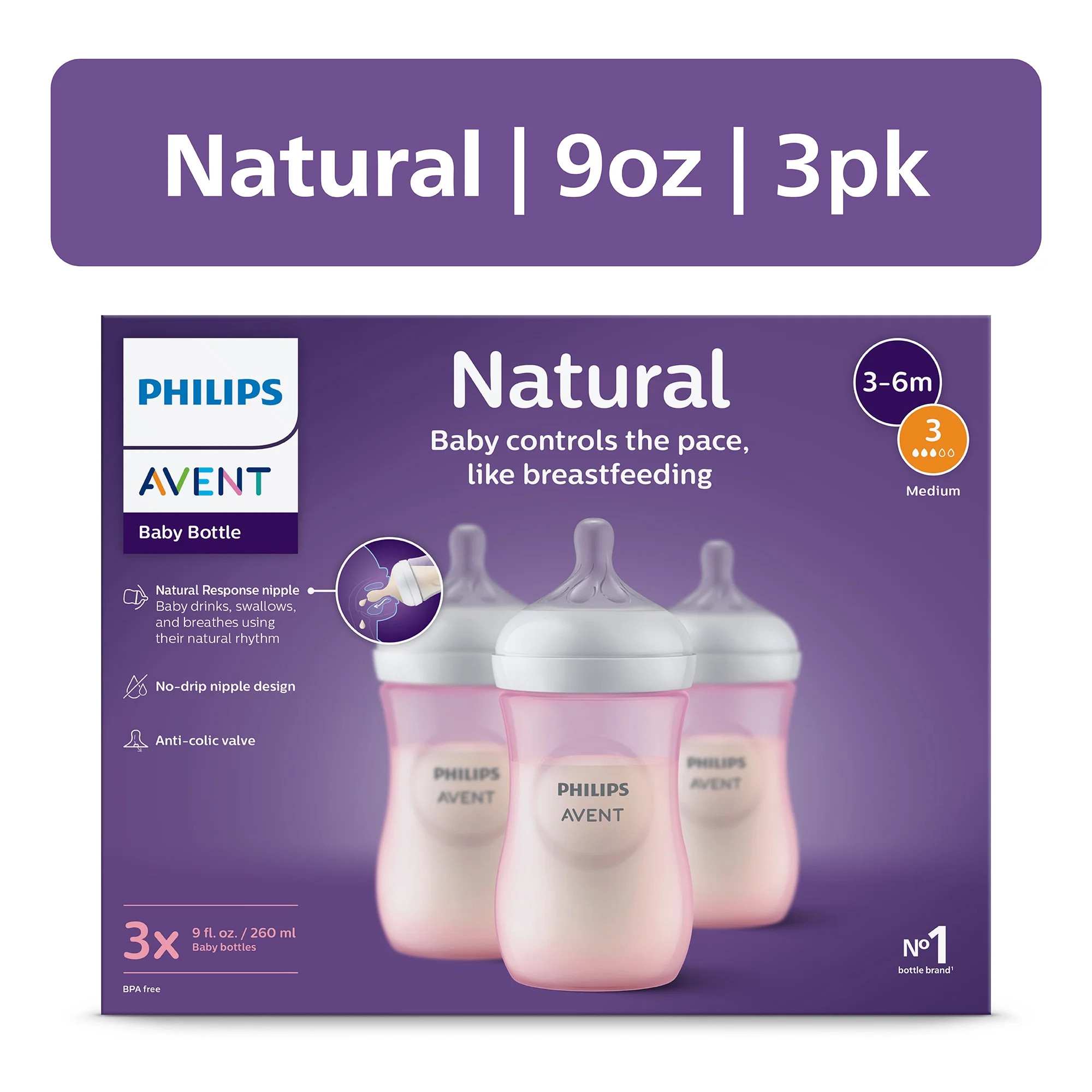 Philips Avent Natural Baby Bottles, Medium Flow, 9oz, Pink, 3-Pack, SCY903/13 | Walmart (US)