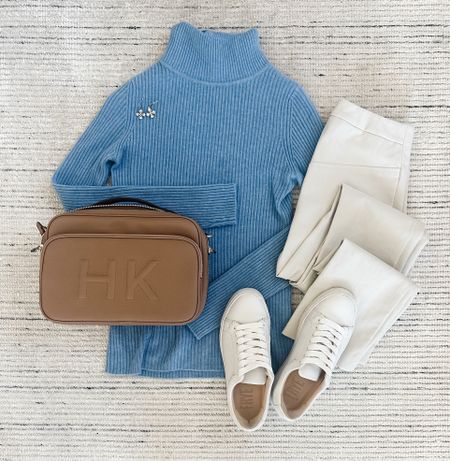 Winter outfit with blue cashmere sweater paired with white skinny pants and sneakers! Love this look for every day outfits or casual work from home. Super comfy and keeps you warm! 

#LTKstyletip #LTKSeasonal