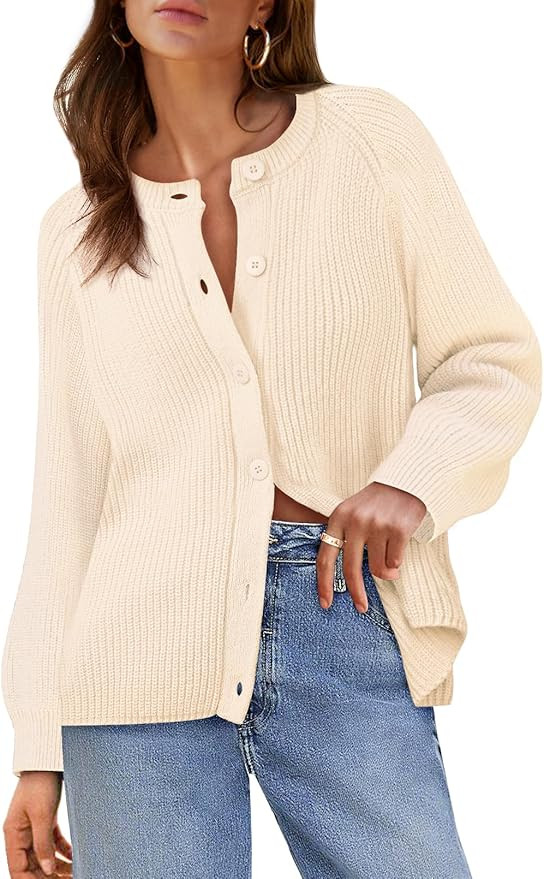 MEROKEETY Women's 2024 Long Sleeve Cardigan Sweater Crew Neck Button Ribbed Open Front Knit Outer... | Amazon (US)