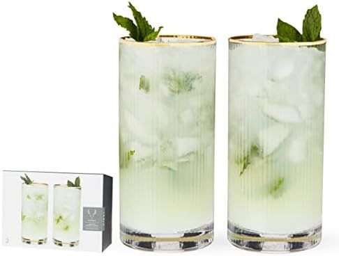 Viski Meridian Highball Glasses Set of 2 - Vintage Drinking Glass, Art Deco Ripple Glassware Desi... | Amazon (US)