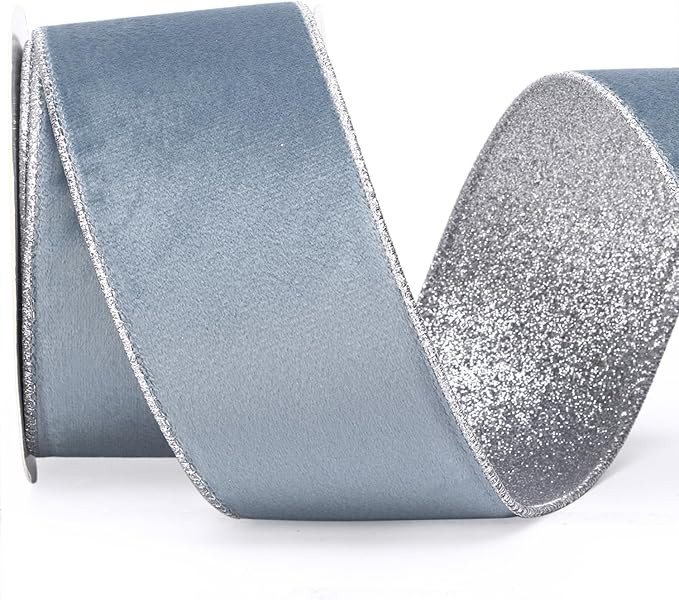 Ribbli Dusty Blue Velvet Wired Ribbon 2.5 Inch Dusty Blue Velvet with Silver Glitter Christmas Ri... | Amazon (US)