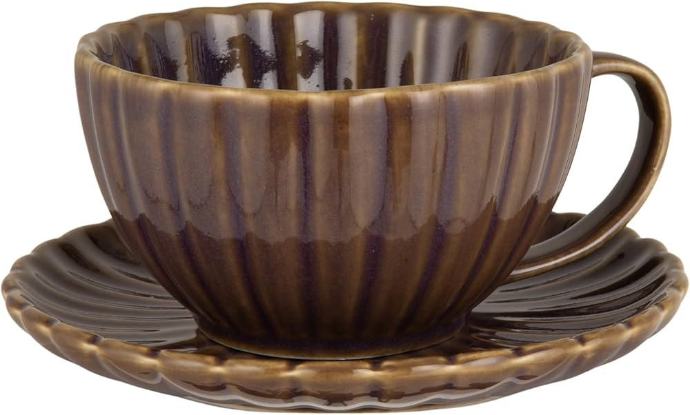 Creative Co-Op 10 oz. Stoneware Ribbed Mug with Saucer, Plum Color | Amazon (US)