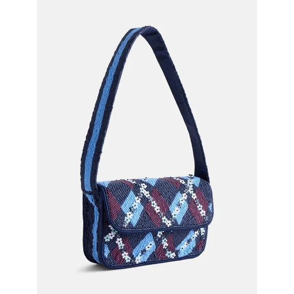 Free Assembly Women's Beaded Argyle Flap Shoulder Bag, Blue | Walmart (US)