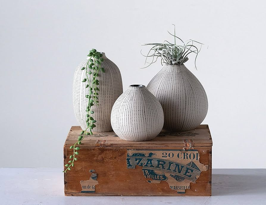 White Stoneware Vases with Textured Black Polka Dots (Set of 3 Sizes) | Amazon (US)