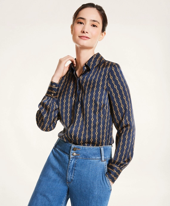 Chain Print Stretch Silk Georgette Blouse | Brooks Brothers