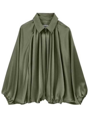 EGOCKAL Womens Satin Puffed Bomber Jacket Oversized Batwing Sleeve Lapel Collar Pleated Zip Up Outerwear Shirts | Amazon (US)