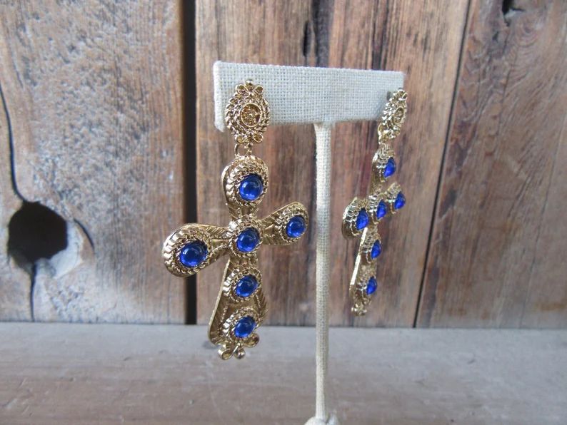 90s Bejeweled Cross Gold Tone Dangle Earrings Glam Modernist - Etsy | Etsy (US)